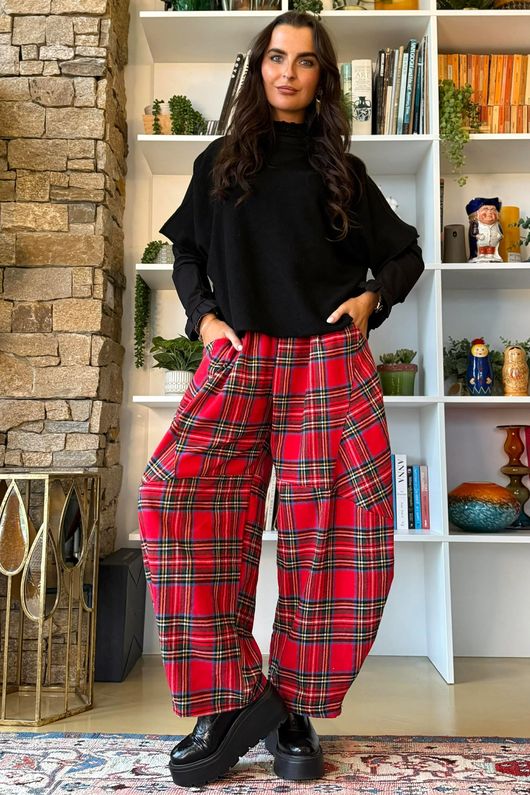 McAlister Tartan Brushed Cotton Barrel Pant Red /35*pre order due approx 1 week